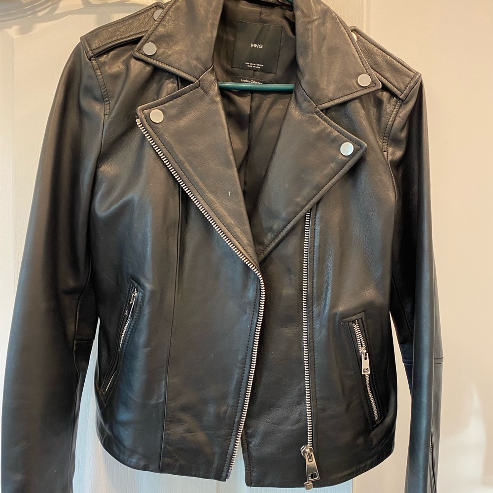 Mango genuine Black Leather Moto Jacket